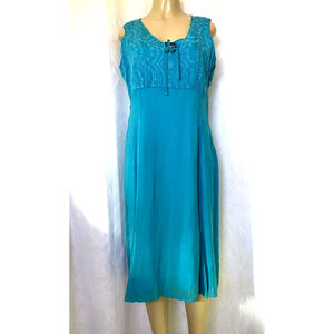 Johnny Was Midi Eyelet Embroidered Sleeveless Midi Dress Teal Aqua Turquoise XL